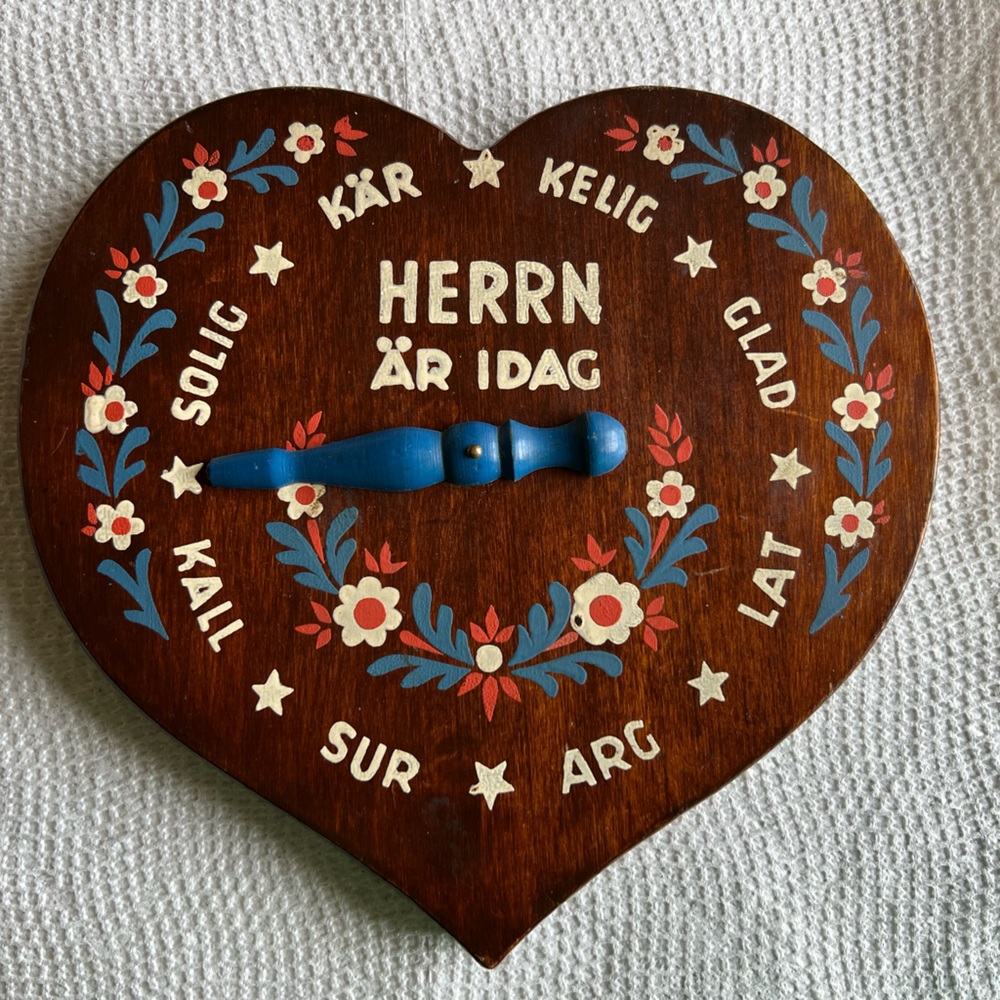 Vintage Swedish “What is the Gentleman’s mood” wooden hand painted heart